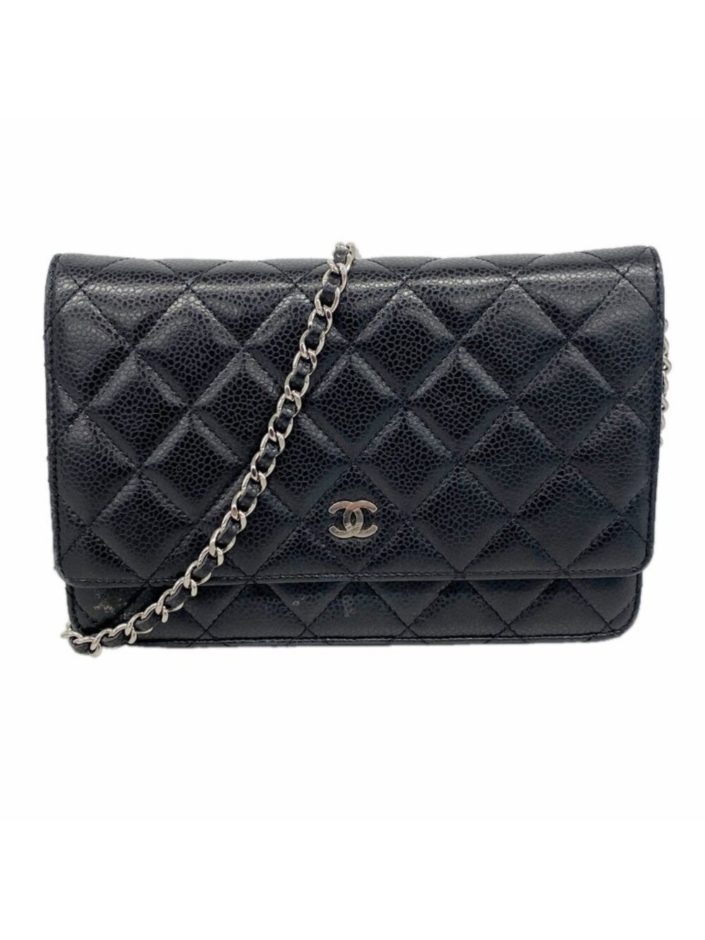Chanel Wallet on Chain Quilted Caviar Leather Black Silver Shoulder Bag
